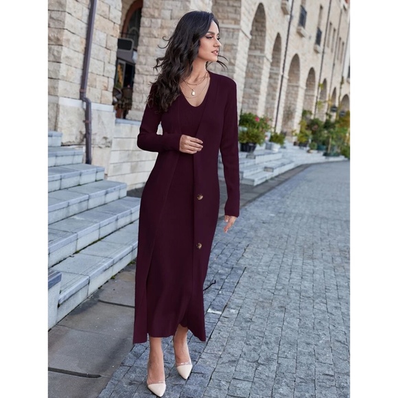 Maroon 2 Piece Set: Knit Midi Pencil Dress and Long Cardigan Button Through - Picture 5 of 15